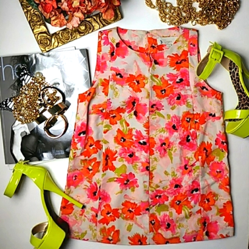 "Ann Taylor Loft" Vibrate Bold Sleeveless Floral Scoop Neck Tunic Top